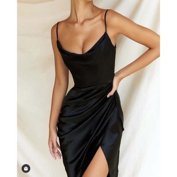 House Of CB Dress Reva Satin Balcony Corset Boned Slit Midi Black XS EUC - Picture 8 of 12